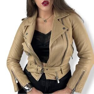 L.P.C Linea Pelle Collection tan lamb leather motorcycle jacket fitted